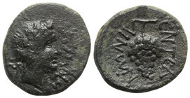 Sicily, Entella. L. Sempronius Atratinus, c. 36 BC. Æ (20mm, 5.35g, 9h). Head of Dionysos r., wearing ivy wreath. R/ Grape bunch. RPC I 654; Campana 2...
