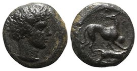 Sicily, Eryx, c. 400-390 BC. Æ Hexas (12mm, 2.59g, 9h). Male head r. R/ Hound running r., head l.; hare at feet, pellet to r. Campana 35; CNS I, 13 va...