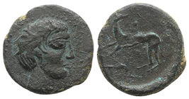 Sicily, Eryx, c. 400-390 BC. Æ (16mm, 3.34g, 5h). Male head r. R/ Hound standing l., head r.; hare lo lower l. Campana 36; CNS I, 13A; SNG ANS -; HGC ...