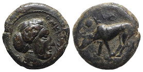 Sicily, Eryx, c. 390-380 BC. Æ (13mm, 2.79g, 12h). Female head r. R/ Hound scenting l. Campana 25; CNS I, 4; SNG ANS -; HGC 2, 322. Rare, green patina...