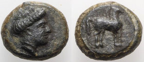 Sicily, Eryx, c. 4th century BC. Æ (9mm, 1.20g, 12h). Female head r. R/ Horse standing r. Campana 48b; CNS I, 16; SNG ANS -; HGC 2, 329. Rare, green p...