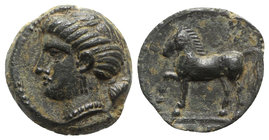 Sicily, Eryx, c. 4th century BC. Æ (13.5mm, 2.48g, 6h). Female head l. R/ Horse stepping l. Campana 51; CNS I, 19; SNG ANS -; HGC 2, 327. Green patina...