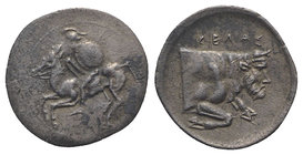 Sicily, Gela, c. 430-425 BC. AR Litra (12mm, 0.60g, 5h). Warrior on horseback l., holding shield R/ Forepart of man-headed bull r. SNG ANS 82; HGC 2, ...