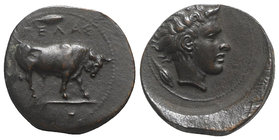 Sicily, Gela, c. 420-405 BC. Æ Tetras or Trionkion (17mm, 3.56g, 12h). Bull standing r.; barley grain above. R/ Horned head of Gelas r.; barley grain ...