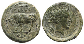 Sicily, Gela, c. 420-405 BC. Æ Tetras or Trionkion (16.5mm, 3.77g, 3h). Bull standing l., head lowered; barley-grain above. R/ Head of young river god...