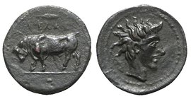 Sicily, Gela, c. 420-405 BC. Æ Onkia (9mm, 1.10g, 9h). Bull standing l.; barley-grain above. R/ Horned head of Gelas r.; barley-grain behind. CNS III,...