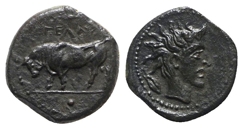 Sicily, Gela, c. 420-405 BC. Æ Onkia (9mm, 1.10g, 3h). Bull standing l.; barley-...