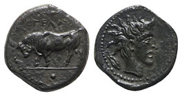 Sicily, Gela, c. 420-405 BC. Æ Onkia (9mm, 1.10g, 3h). Bull standing l.; barley-grain above. R/ Horned head of Gelas r.; barley-grain behind. CNS III,...