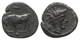 Sicily, Gela, c. 420-405 BC. Æ Onkia (10mm, 0.93g, 5h). Bull standing l.; barley-grain above. R/ Horned head of Gelas r.; barley-grain behind. CNS III...