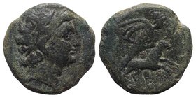 Sicily, Gela, 2nd-1st century BC. Æ Tetras or Trionkion (21mm, 9.38g, 12h). Head of the river-god Gelas r. R/ Warrior sacrificing a ram; H to l. CNS I...
