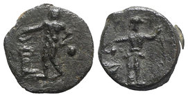 Sicily, Halykiai, c. 400-397 BC. Æ Onkia(?) (12mm, 2.17g, 2h). Nymph standing l., holding patera before hound head; branch behind. R/ Herakles standin...
