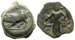 Sicily, Halykiai, c. 400-397 BC. Æ Hexas or Dionkion (18mm, 6.29g, 7h). Nymph standing l., sacrificing with oinochoe above altar to l.; two pellets ar...