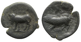 Sicily, Halykiai, c. 390-370 BC. Æ Tetras or Trionkion (18mm, 3.64g, 3h). Man-headed bull l.; three pellets above. R/ Boar l.; ivy-leaf above. CNS I, ...