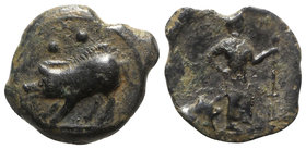 Sicily, Halykiai, c. 390-370 BC. Æ Hexas or Dionkion (17mm, 2.14g, 11h). Boar standing l.; two pellets above. R/ Dionysos (or poet Stesichoros?) stand...