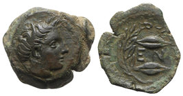 Sicily, Henna, c. 339/8-335 BC. Æ Hexas (17mm, 4.98g, 9h). Head of Demeter r., wearing wreath of grain ears. R/ EN between two barley grains; all with...