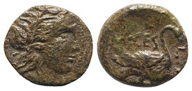 Sicily, Henna. Roman rule, 44-36 BC. Æ (11mm, 1.87g, 12h). L. Munatius and M. Cestius, duoviri. Laureate head of Apollo r. R/ Swan standing r. RPC I, ...