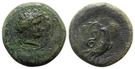 Sicily, Herbessos, 335-325 BC. Æ Drachm (27.5mm, 19.40g, 3h). Laureate head of Sikelia r. R/ Eagle standing r., head turned back, with coiled snake in...