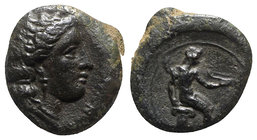 Sicily, Herbita, c. 350 BC. Æ (12.5mm, 2.46g, 11h). Female head r., wearing earrings and necklace. R/ Apollo seated r. on capital, holding bow. Campan...