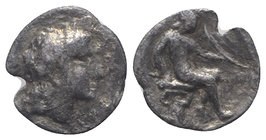 Sicily, Herbita, c. 339/8-330 BC. AR Obol (9.5mm, 0.44g, 1h). Laureate head of Apollo r. R/ Apollo seated r. on Ionic column, holding arrow and bow. C...