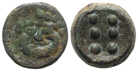 Sicily, Himera, c. 430-420 BC. Æ Hemilitron (25mm, 26.46g). Gorgoneion. R/ Six pellets. CNS I, 1; HGC 2, 462. Green patina, Good Fine