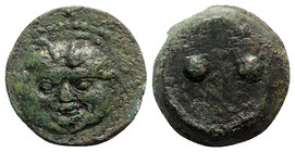 Sicily, Himera, c. 430-409 BC. Æ Hexas (19mm, 6.81g, 12h). Gorgoneion. R/ Two pellets. CNS I, 4; HGC 2, 469. Green patina, near VF