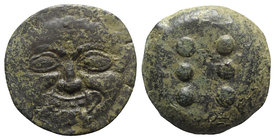 Sicily, Himera, c. 430-420 BC. Æ Hemilitron (25mm, 15.20g). Gorgoneion. R/ Six pellets. CNS I, 13; HGC 2, 463. Green patina, near VF