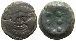 Sicily, Himera, c. 430-420 BC. Æ Hemilitron (29mm, 29.76g). Facing gorgoneion with protruding tongue and furrowed cheeks. R/ Six pellets. CNS I, 19; H...