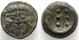 Sicily, Himera, c. 430-420 BC. Æ Hemilitron (29mm, 28.87g). Facing gorgoneion with protruding tongue and furrowed cheeks. R/ Six pellets. CNS I, 20; H...
