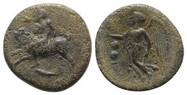 Sicily, Himera, c. 420-415 BC. Æ Hexas (13mm, 1.62g, 3h). Pan, blowing into conch shell and cradling lagobolon in arm, riding goat springing l.; below...