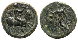 Sicily, Himera, c. 420-415 BC. Æ Hexas (12mm, 1.85g, 6h). Pan as a youth, holding thyrsos over his shoulder and blowing on a conch shell, seated on go...