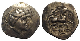 Celtic. Gaul, Northwest. Namnetes, 2nd-1st centuries BC. Base AV Stater (23mm, 7.11g, 11h). Celticized head r., hair flowing behind; cross ornament at...