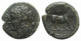 Northern Campania, Cales, c. 265-240 BC. Æ (22mm, 6.63g, 5h). Laureate head of Apollo l.; helmet behind. R/ Man-headed bull standing r., head facing; ...