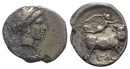 Southern Campania, Neapolis, 300-275 BC. AR Didrachm (22mm, 7.05g, 9h). Head of nymph r.; behind, Artemis running r. R/ Man-headed bull walking r.; ab...