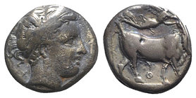 Southern Campania, Neapolis, c. 300-275 BC. AR Didrachm (17mm, 7.22g, 11h). Head of nymph r., wearing broad headband; X behind. R/ Man-headed bull wal...