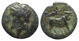 Southern Campania, Neapolis, c. 270-250 BC. Æ (19mm, 4.76g, 12h). Laureate head of Apollo l. R/ Man-headed bull standing r., being crowned by Nike who...