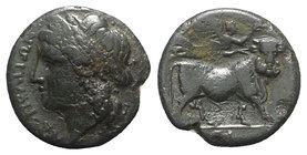 Southern Campania, Neapolis, c. 270-250 BC. Æ (18mm, 4.84g, 1h). Laureate head of Apollo l.; [symbol] behind. R/ Man-headed bull standing r.; above, N...