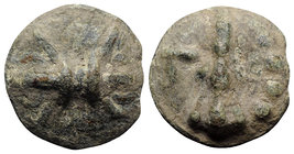 Northern Apulia, Luceria, c. 217-212 BC. Cast Æ Quatrunx (27mm, 24.68g). Thunderbolt on a raised disk. R/ Club; four pellets to r.; all on a raised di...