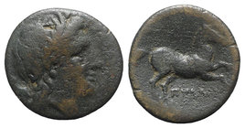 Northern Apulia, Salapia, c. 225-210 BC. Æ (21mm, 7.88g, 1h). Poullos, magistrate. Laureate head of Apollo r. R/ Horse prancing r.; trident above. HNI...