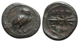 Southern Apulia, Brundisium, 275-225 BC. Æ (15mm, 2.67g, 3h). Owl standing r., head facing, on branch. R/ Winged thunderbolt. HNItaly 755; SNG ANS 662...