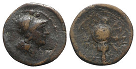 Southern Apulia, Caelia, c. 220-150 BC. Æ Sextans (20mm, 5.72g, 3h). Helmeted head of Athena r.; two pellets above. R/ Trophy; thunderbolt to l. HNIta...