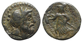 Southern Apulia, Caelia, c. 220-150 BC. Æ Sextans (19mm, 5.46g, 6h). Laureate head of Zeus r.; two pellets above. R/ Athena advancing l., holding shie...