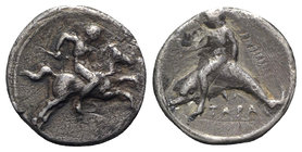 Southern Apulia, Tarentum, c. 400-390 BC. AR Nomos (21mm, 7.42g, 11h). Youth on horse galloping r. R/ Phalanthos, holding torch, riding dolphin l. Vla...