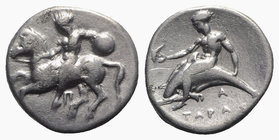 Southern Apulia, Tarentum, c. 380-375/0 BC. AR Nomos (21mm, 7.63g, 7h). Nude warrior, holding shield, on horse galloping l.; Π below. R/ Phalanthos, e...