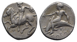 Southern Apulia, Tarentum, c. 380-340 BC. AR Nomos (19mm, 6.81g, 6h). Naked horseman dismounting l., holding small round shield and lance; Π below. R/...