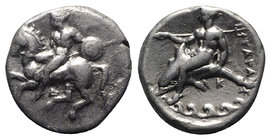 Southern Apulia, Tarentum, c. 380-340 BC. AR Nomos (21mm, 7.64g, 5h). Nude warrior on horseback l., holding spear, shield on l. arm; Δ below. R/ Phala...