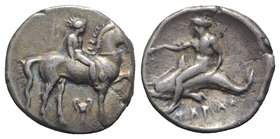 Southern Apulia, Tarentum, c. 380-340 BC. AR Nomos (21mm, 7.74g, 6h). Nude youth on horseback r.; kantharos below. R/ Phalanthos on dolphin l., holdin...