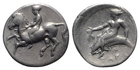 Southern Apulia, Tarentum, c. 380-340 BC. AR Nomos (21mm, 6.40g, 11h). Nude youth on horse cantering l. R/ Phalanthos riding dolphin l., holding fille...