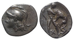 Southern Apulia, Tarentum, c. 380-325 BC. AR Diobol (11.5mm, 0.99g, 3h). Head of Athena l., wearing crested Attic helmet. R/ Herakles strangling the N...