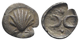 Southern Apulia, Tarentum, c. 380-325 BC. AR Hemiobol (6mm, 0.26g). Shell. R/ Two crescents and two pellets. Vlasto 1789-91; HNItaly 926. Scarce, VF