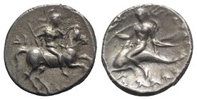 Southern Apulia, Tarentum, c. 340-332 BC. AR Nomos (20.5mm, 6.48g, 2h). Warrior, wearing helmet and holding shield, on horseback r.; ΔI behind. R/ Pha...